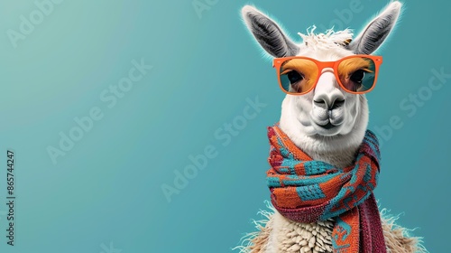 A llama wearing sunglasses and a scarf is looking at the camera with a serious expression. The llama is standing in front of a blue background. © stocker