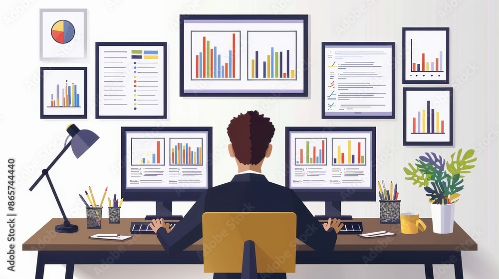 A person sits at a desk surrounded by multiple computer screens and framed charts, focusing on analyzing data and displaying various graphs and charts for work. A person sits at a desk surrounded by multiple computer screens and framed charts, focusing on analyzing data and displaying various graphs and charts for work.