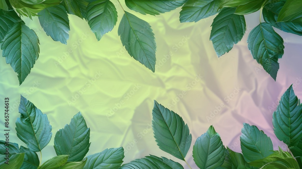 Bright green leaves frame the edges of a softly textured pastel background, creating a fresh and natural border around a blank space suitable for various uses. Bright green leaves frame the edges of a softly textured pastel background, creating a fresh and natural border around a blank space suitable for various uses.