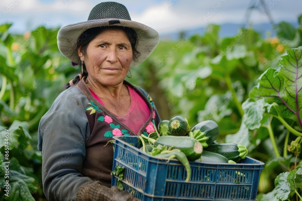 Fototapeta premium Peruvian woman harvests zucchini on spring vegetable plantation.