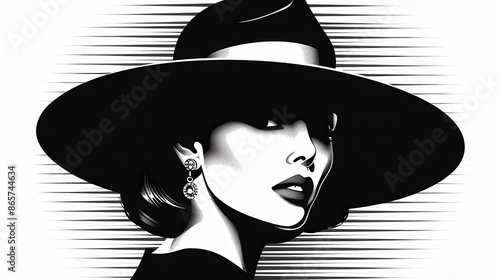Wallpaper Mural This elegant black and white image features a stylized silhouette of a woman wearing a large hat, adorned with detailed earrings and showcasing intricate line patterns. Torontodigital.ca