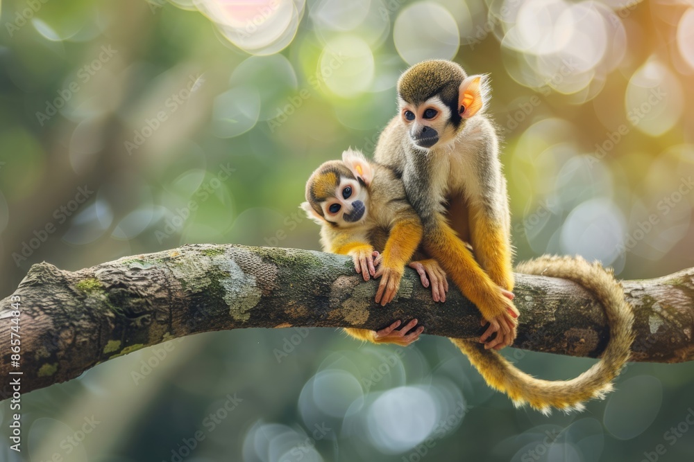 Obraz premium Two common squirrel monkeys Saimiri sciureus playing on a tree branch