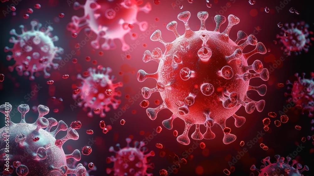 A highly magnified and detailed representation of virus particles, highlighting their structure and presence in a red and black gradient background. A highly magnified and detailed representation of virus particles, highlighting their structure and presence in a red and black gradient background.