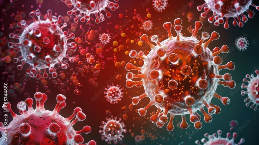 A vivid depiction of virus particles floating in a red to blue gradient setting, highlighting their intricate structure and intense coloration. A vivid depiction of virus particles floating in a red to blue gradient setting, highlighting their intricate structure and intense coloration.
