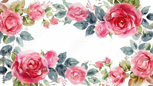 A beautiful watercolor flora design showcasing an elegant border of roses and green leaves, perfect for wedding invitations, greeting cards, and other decorative purposes. © Design Depot
