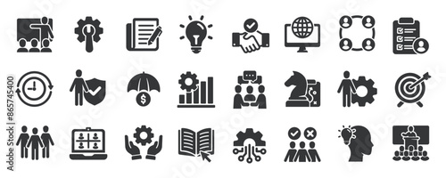 Workshop glyph solid icons collection. Containing consultation, coaching, leadership, marketing, presentation. For website marketing design, logo, app, template, ui, etc. Vector illustration.