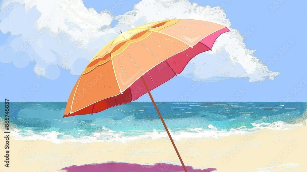 A vibrant cartoon-style illustration of a colorful beach umbrella standing on a beautiful sandy shore, with a clear blue sea and sky in the background under bright sunlight. A vibrant cartoon-style illustration of a colorful beach umbrella standing on a beautiful sandy shore, with a clear blue sea and sky in the background under bright sunlight.