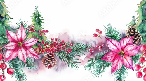 Wallpaper Mural A beautiful Christmas floral border design featuring poinsettias, pine trees, berries, and pinecones. This watercolor artwork evokes festive and holiday spirits with its vibrant elements. Torontodigital.ca