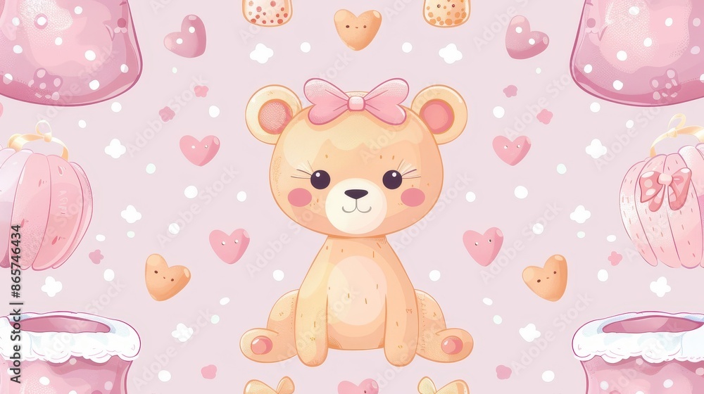 A sweet illustration of a teddy bear with a pink background featuring hearts and bows, perfect for children’s products, nursery decor, and baby shower invitations. A sweet illustration of a teddy bear with a pink background featuring hearts and bows, perfect for children’s products, nursery decor, and baby shower invitations.
