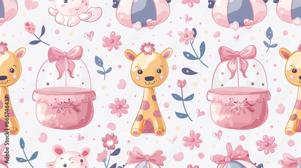 Adorable cartoon giraffe surrounded by pink elements and flowers creating a sweet and charming design, perfect for children’s decor, toys, and fashion elements. Adorable cartoon giraffe surrounded by pink elements and flowers creating a sweet and charming design, perfect for children’s decor, toys, and fashion elements.