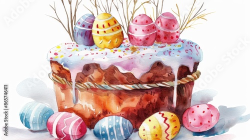 A charming watercolor of a decorated Easter cake, lavishly iced and surrounded by intricately painted Easter eggs, invoking the festive cheer and art of the Easter holiday. photo