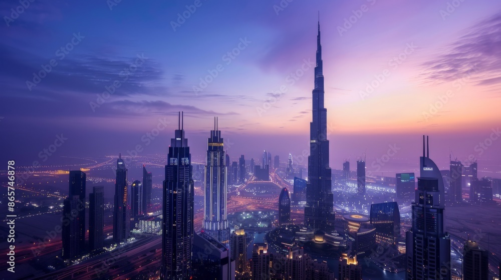 Fototapeta premium Iconic skyscraper at dawn with the city waking up around it