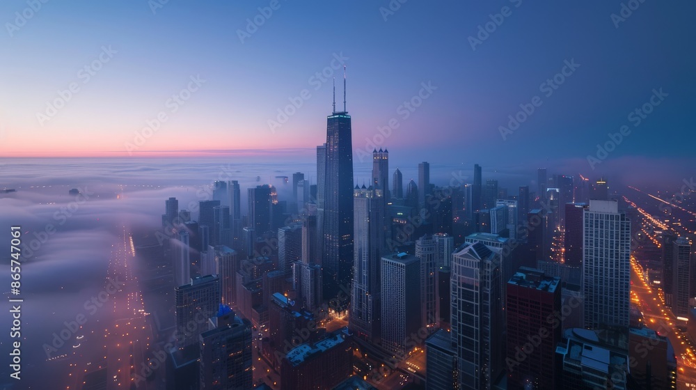 Iconic skyscraper at dawn with the city waking up around it Iconic skyscraper at dawn with the city waking up around it