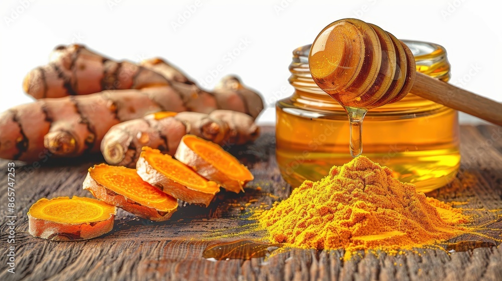 This image shows a close-up view of turmeric powder and a jar of honey ...