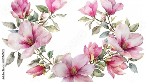 A beautiful arrangement of pink magnolia flowers and green leaves painted in delicate watercolor style, creating an elegant and natural botanical illustration against a white background.