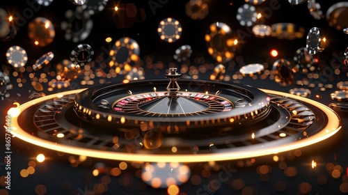 A vibrant roulette wheel under dramatic lighting with chips falling around, symbolizing elements of chance, risk, excitement, and fortune in a captivating digital illustration.