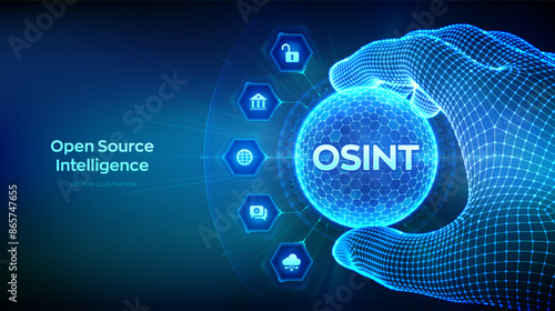 Open source intelligence. OSINT. Open data access. Open source analysis concept in the shape of sphere with hexagon pattern in wireframe hand. Cyber analytics. Data gathering. Vector illustration.