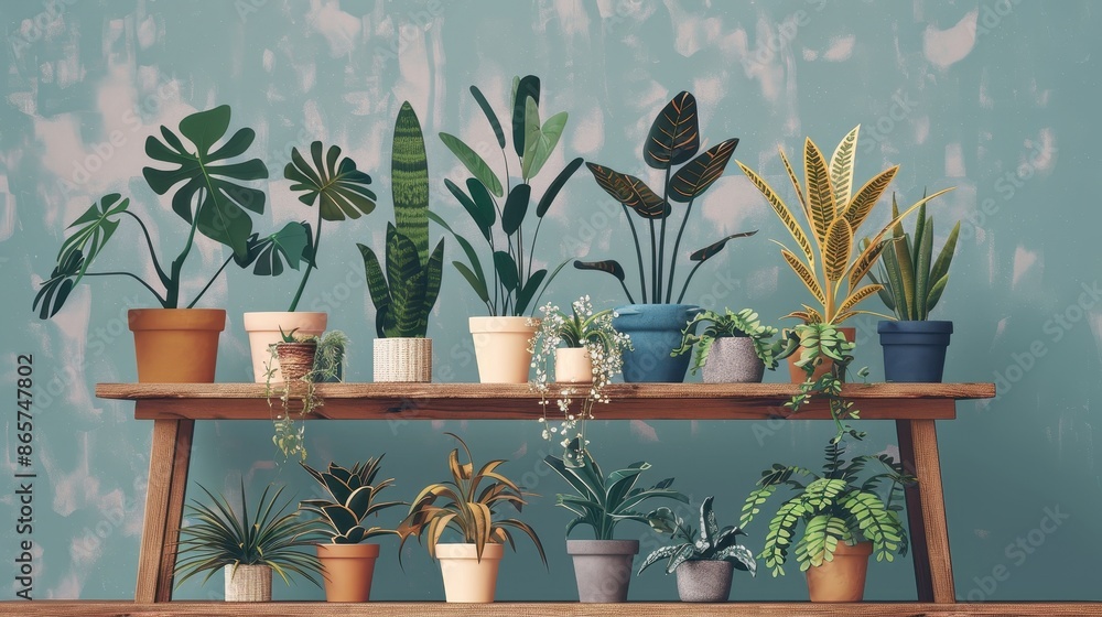 Assorted houseplants in various pots sit atop a rustic wooden shelf, ideal for interior decor, highlighting a blend of modern design with natural elements in a cohesive art style. Assorted houseplants in various pots sit atop a rustic wooden shelf, ideal for interior decor, highlighting a blend of modern design with natural elements in a cohesive art style.