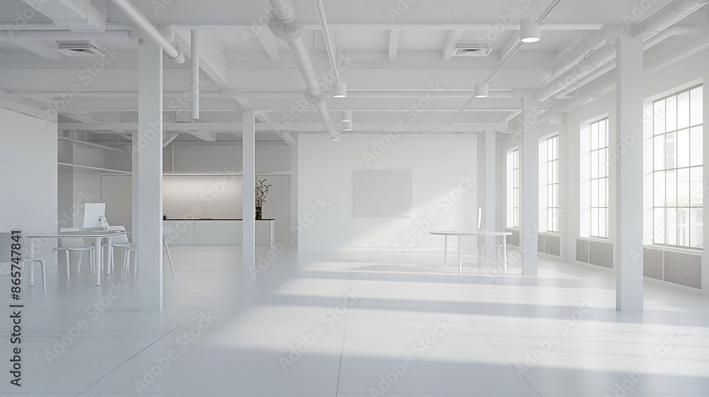 White open space office interior with blank wall White open space office interior with blank wall