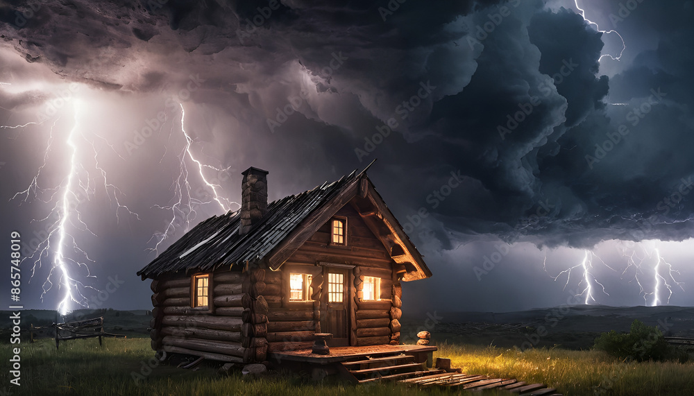 creepy wooden house with peeling paint and boarded-up windows, set against a stormy sky with lightning illuminating the ominous surroundings. creepy wooden house with peeling paint and boarded-up windows, set against a stormy sky with lightning illuminating the ominous surroundings.