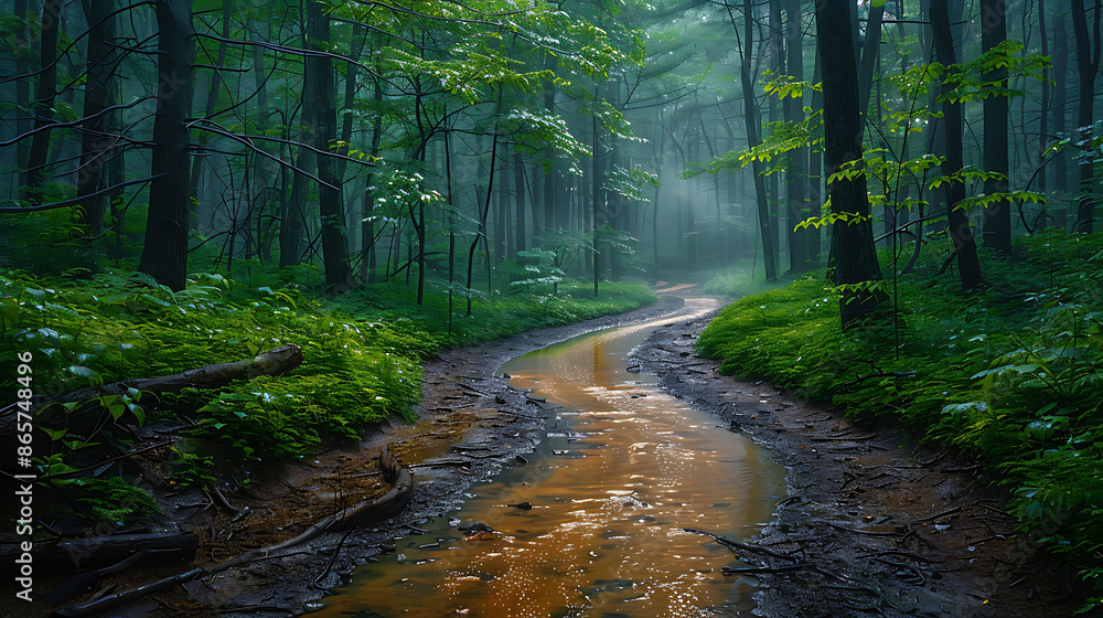 Obraz premium Rainkissed forest path vibrant greenery