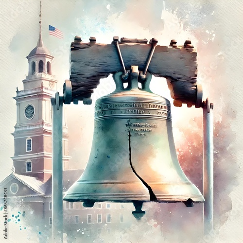 Liberty Bell For Patriot Day, Freedom Bell, Independence Day Illustration. Watercolor US Colors, Stars and Stripes Abstract Bell Design. Generative AI