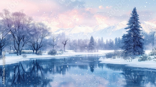 A mesmerizing winter scene with snowy mountains in the backdrop, a serene river, and snow-covered trees under a pastel sky, with soft falling snowflakes. photo