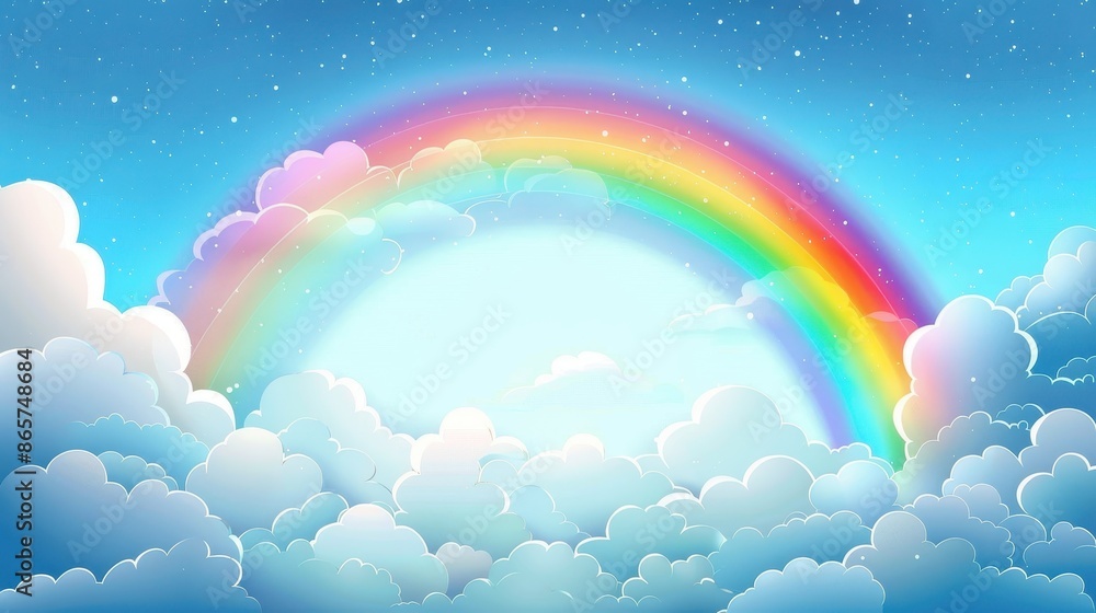 A bright rainbow spreads across the sky amidst glittering stars and fluffy clouds, creating a magical scene that exudes positivity, wonder, and a touch of fantasy. A bright rainbow spreads across the sky amidst glittering stars and fluffy clouds, creating a magical scene that exudes positivity, wonder, and a touch of fantasy.