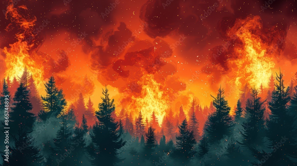 A forest fire with towering flames and thick, dark smoke highlights the dramatic and destructive power of wildfires as they devastate trees and wildlife, creating an urgent crisis. A forest fire with towering flames and thick, dark smoke highlights the dramatic and destructive power of wildfires as they devastate trees and wildlife, creating an urgent crisis.