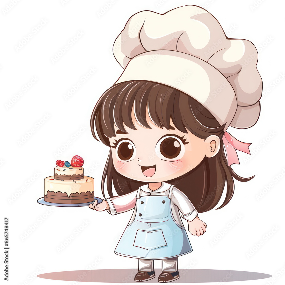Cartoon character of cute little girl hold cake,wear chef uniform, white background, vector illustration Cartoon character of cute little girl hold cake,wear chef uniform, white background, vector illustration