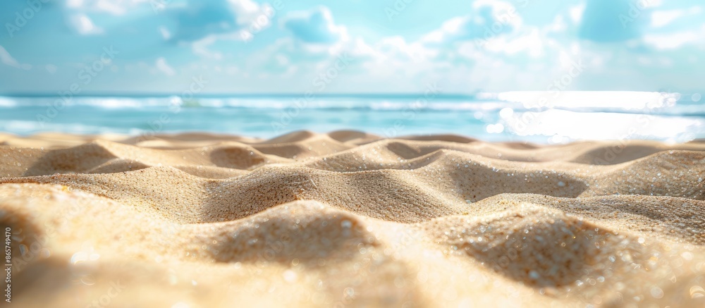 Sand close up with blurred background of the sea and sky on a sunny day, ideal for product presentation. Sand close up with blurred background of the sea and sky on a sunny day, ideal for product presentation.