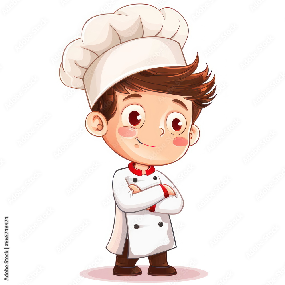 Cartoon character of cute little boy wear chef uniform, white background, vector illustration