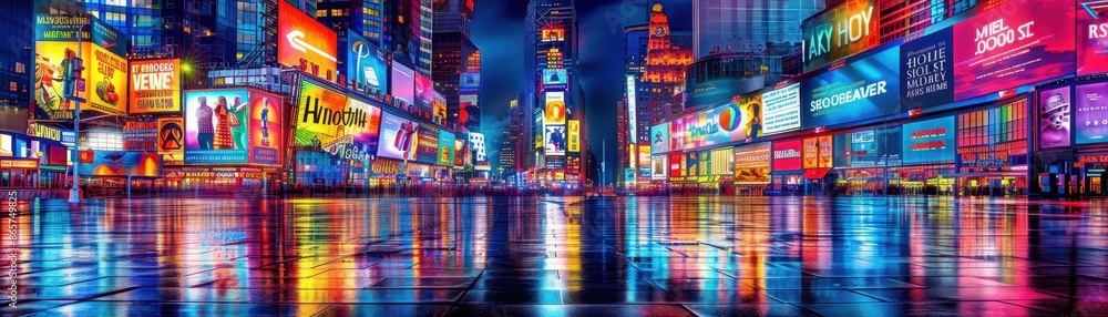 A digital cityscape where skyscrapers are covered in neonlit screens, and virtual billboards project interactive ads into the night sky A digital cityscape where skyscrapers are covered in neonlit screens, and virtual billboards project interactive ads into the night sky