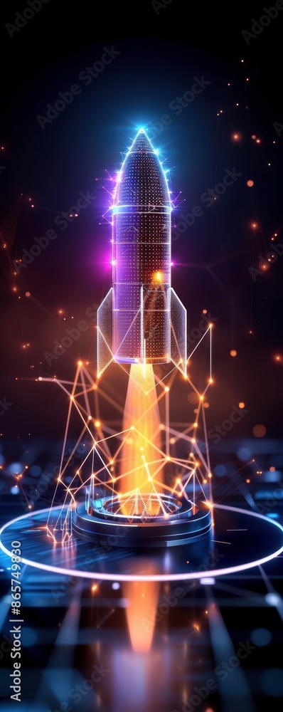 Futuristic rocket launch with digital glow, symbolizing innovation and technology. Perfect for tech, startup, and innovation-themed projects.