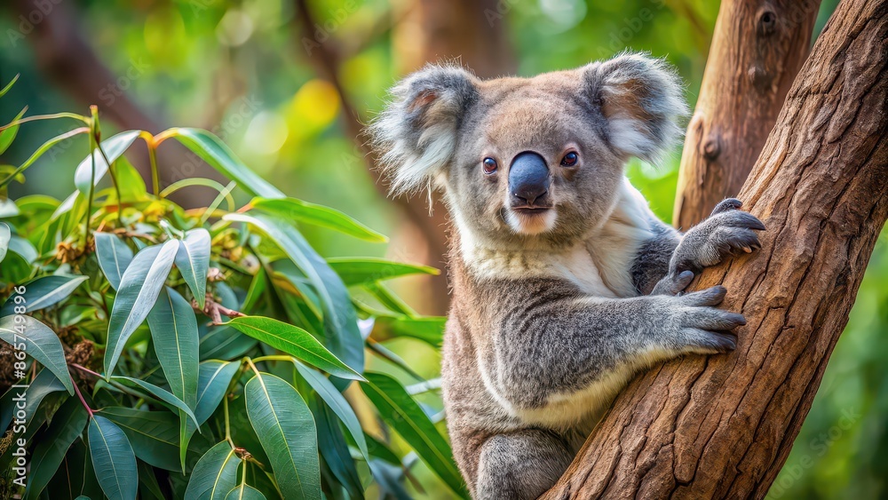 Fototapeta premium Koala resting in eucalyptus tree, koala, tree, wildlife, marsupial, Australian, eucalyptus, nature, cute, resting, mammal