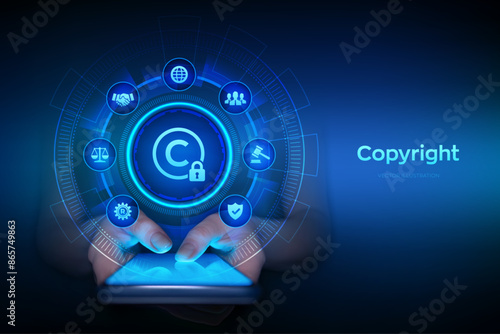 Copyright. Patents and intellectual property protection law and rights. Protect business ideas and headhunter concepts. Smartphone in hands. Using smartphone. Vector illustration.