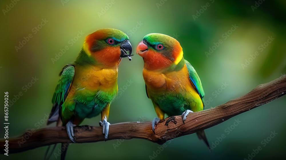 two colorful birds sitting on a branch, AI Generative. two colorful birds sitting on a branch, AI Generative.