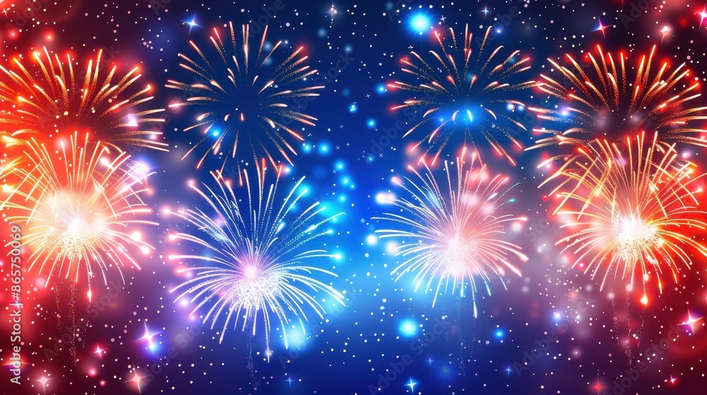 Naklejka premium A vibrant and colorful display of fireworks exploding against a dark blue starry night sky, creating a festive atmosphere with bursts of red, yellow, and blue fireworks.