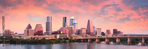 Stunning Capture of Austin City Skyline at Sunset Reflecting on Lady Bird Lake