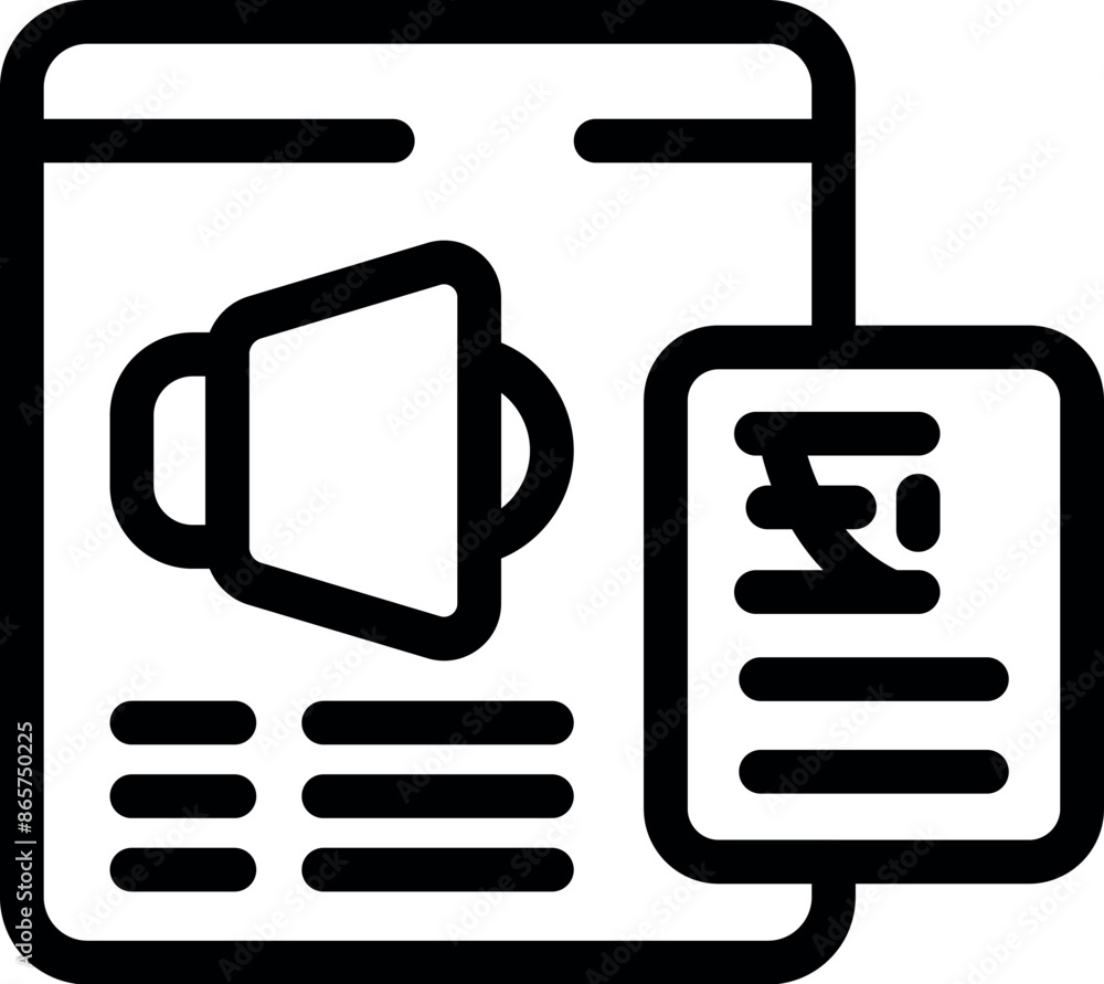 Line icon of digital marketing campaign showing advertisement with analytics and rupee symbol