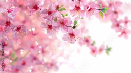 This beautiful image showcases cherry blossoms in light pink hues against a background with bokeh effects, creating a romantic and ethereal atmosphere perfect for spring. photo