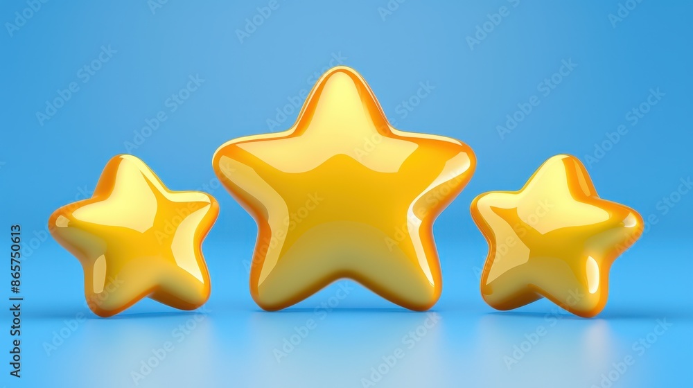 A charming and lively image of three star-shaped yellow toys, each sporting happy faces, set against a bright blue background, exuding positivity and joyfulness. A charming and lively image of three star-shaped yellow toys, each sporting happy faces, set against a bright blue background, exuding positivity and joyfulness.