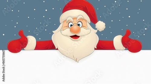 Animated Santa Claus in a classic red outfit and gloves, standing with arms wide open in front of a snowy blue background, symbolizing holiday warmth and joy.