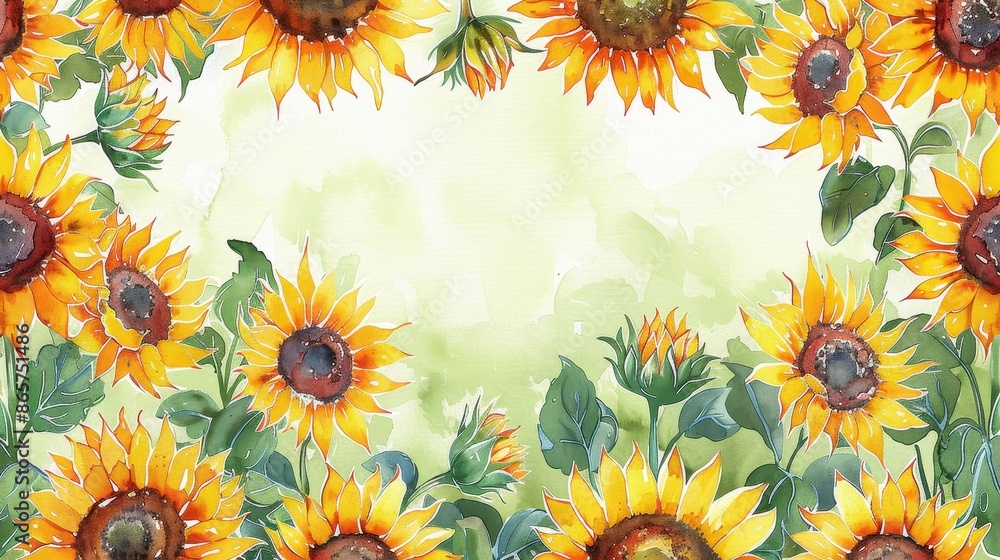Obraz premium An artistic arrangement of sunflowers and green leaves painted in watercolor style against a greenish background, presenting a harmonious blend of nature and art.