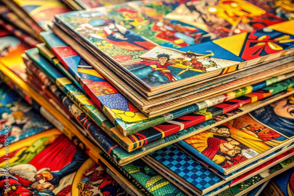 Fototapeta premium Vibrant vintage comic book stack overflowing with bold graphics and bright hues, creating a playful, nostalgic background texture with eclectic visual appeal.