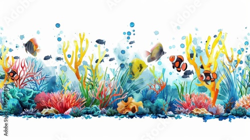 The underwater scene features a colorful coral reef painted in watercolors, showcasing various fish, corals, and marine plants in a vibrant, lively display of aquatic life. photo