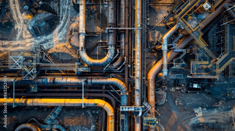 A network of interconnected pipes can be seen in an industrial facility A network of interconnected pipes can be seen in an industrial facility