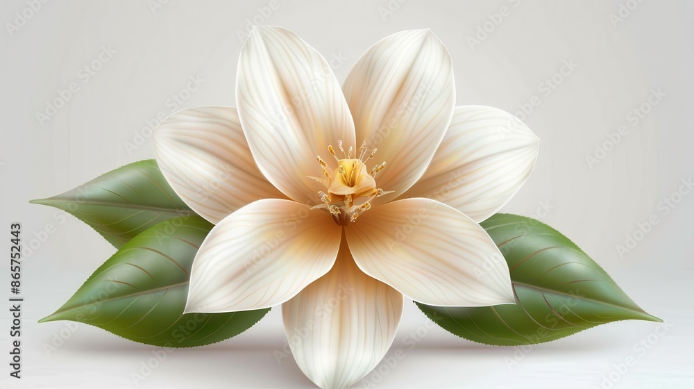 A detailed and elegant illustration of a white flower accompanied by lush green leaves, showcasing the delicate beauty of floral elements in nature.