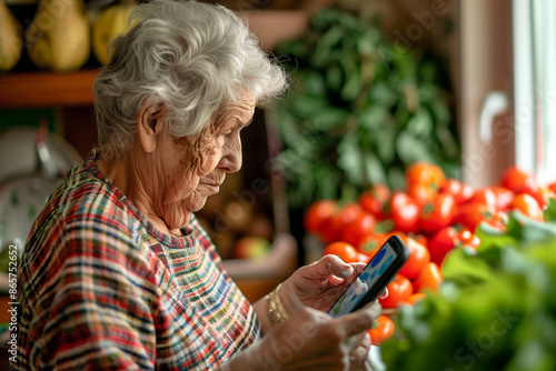 An older individual navigating an online grocery shopping app with caregiver support, reflecting how technology simplifies essential tasks and enhances the quality of life for seni photo