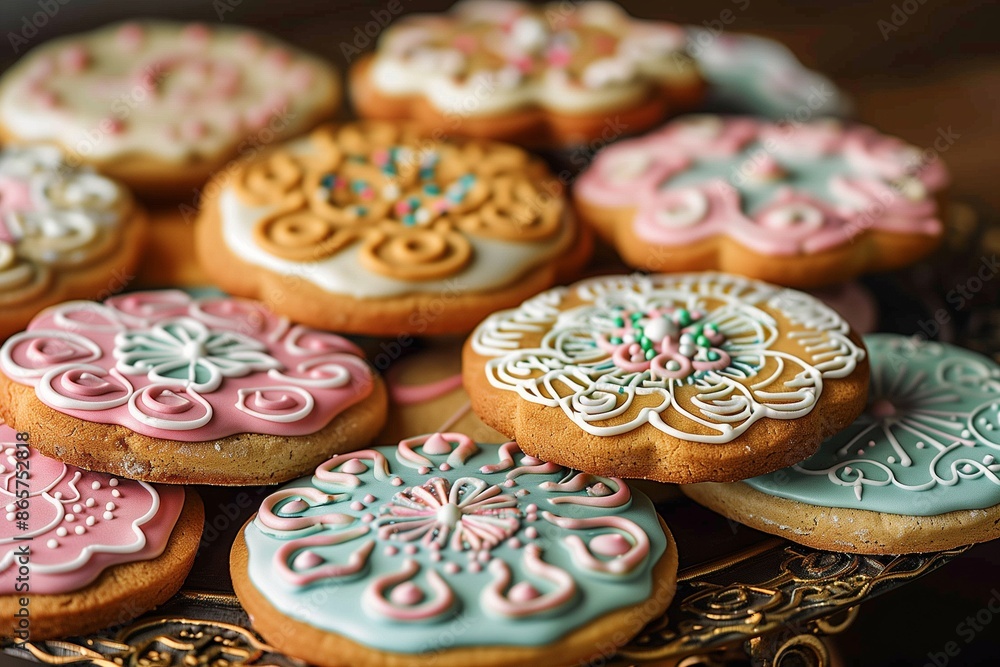 A stunning array of birthday cookies decorated with intricate icing patterns, arranged on a decorative platter. A stunning array of birthday cookies decorated with intricate icing patterns, arranged on a decorative platter.